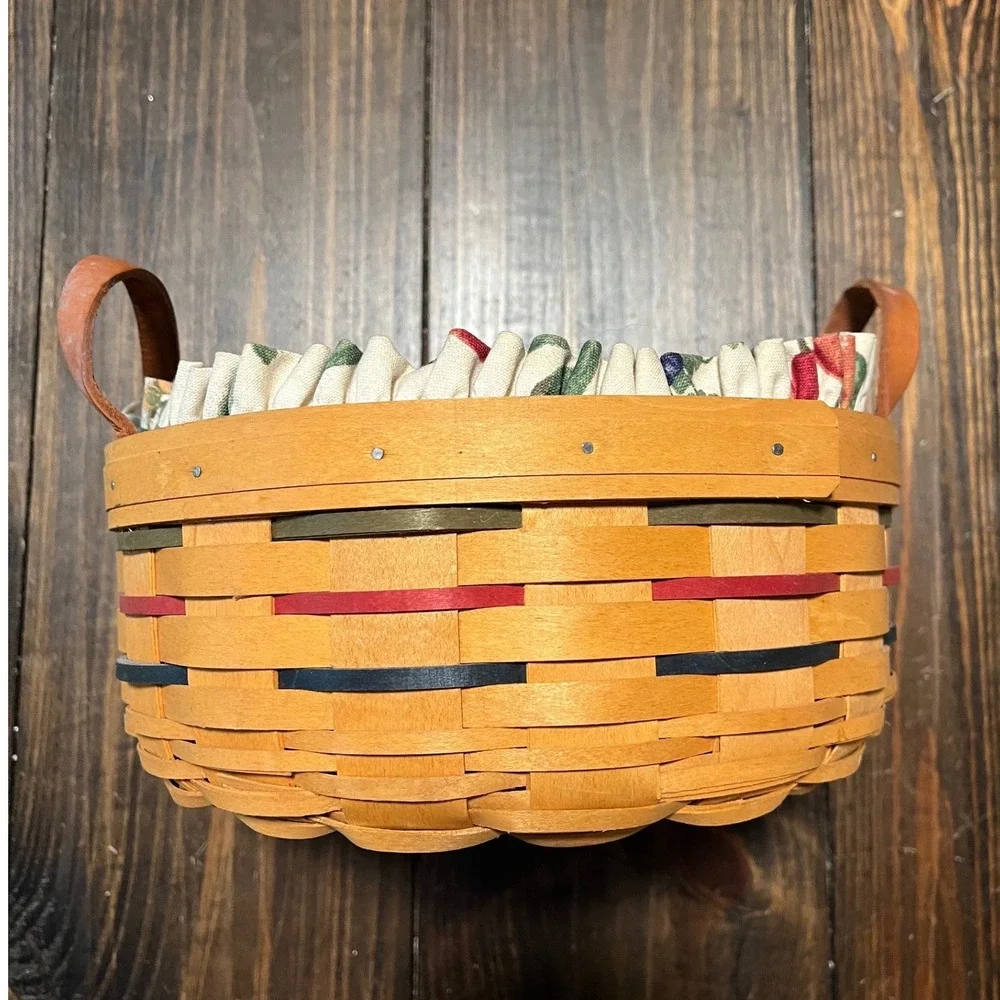 Longaberger Woven Round Basket with Leather Handles and Fruit Pattern Liner